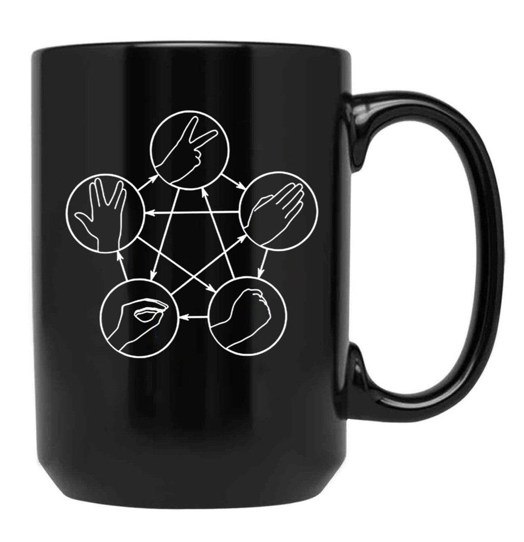Rock Paper Scissors Lizard Spock Black Coffee Mug, Gift Coffee Mug