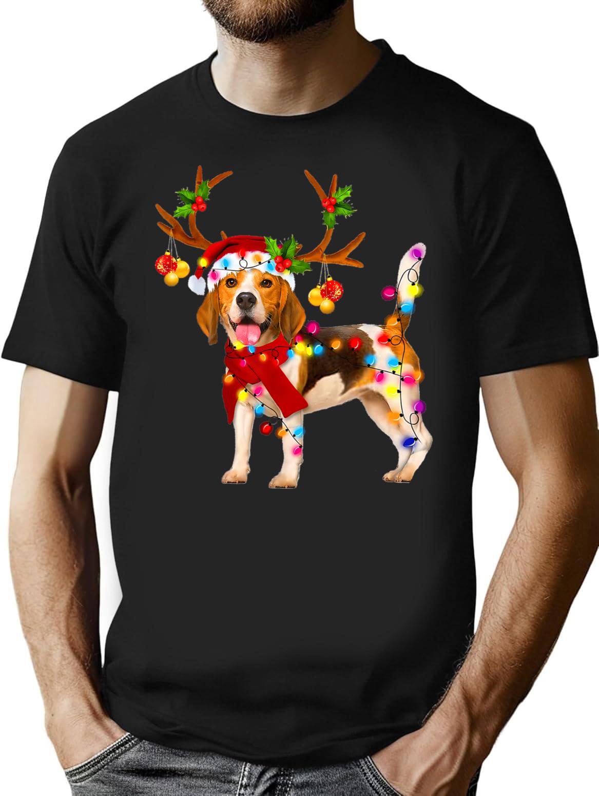 Santa Beagle Dog Gorgeous Reindeer Light Christmas T-Shirt for Men & Women, T-Shirts Graphic Tee - Black