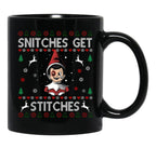 Snitches Get Stitches Ugly Christmas Sweater Black Coffee Mug, Gift Coffee Mug - Black