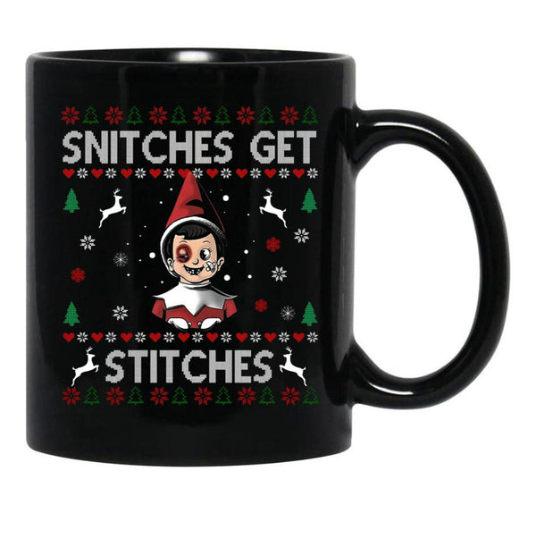 Snitches Get Stitches Ugly Christmas Sweater Black Coffee Mug, Gift Coffee Mug - Black