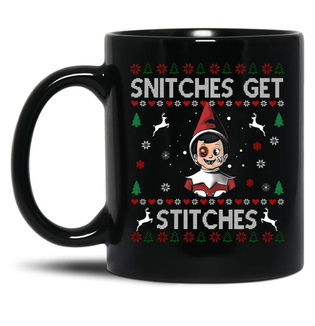 Snitches Get Stitches Ugly Christmas Sweater Black Coffee Mug, Gift Coffee Mug