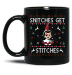 Snitches Get Stitches Ugly Christmas Sweater Black Coffee Mug, Gift Coffee Mug