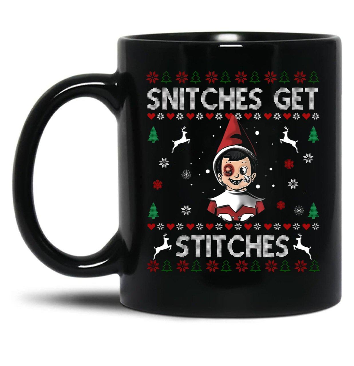 Snitches Get Stitches Ugly Christmas Sweater Black Coffee Mug, Gift Coffee Mug