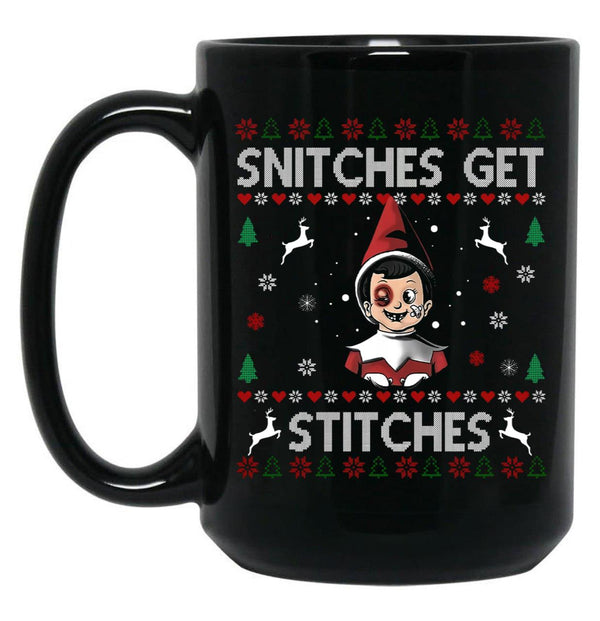 Snitches Get Stitches Ugly Christmas Sweater Black Coffee Mug, Gift Coffee Mug - Black