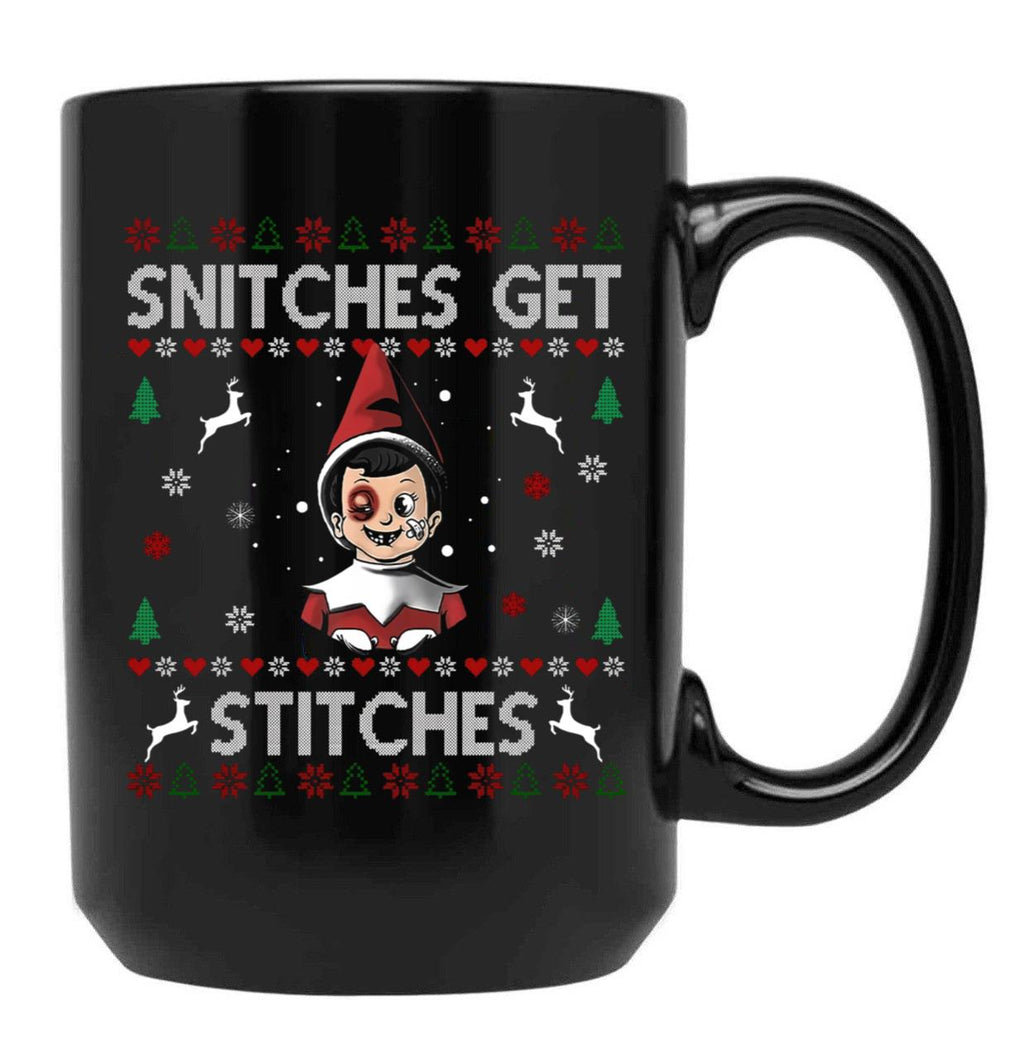 Snitches Get Stitches Ugly Christmas Sweater Black Coffee Mug, Gift Coffee Mug