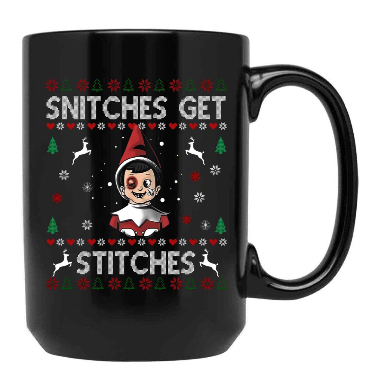 Snitches Get Stitches Ugly Christmas Sweater Black Coffee Mug, Gift Coffee Mug