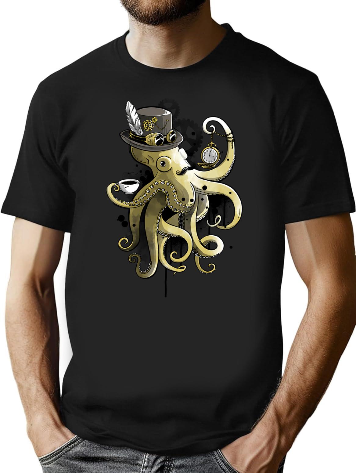 Steampunk Octopus Gold Watercolor T-Shirt for Men & Women, T-Shirts Graphic Tee - Black