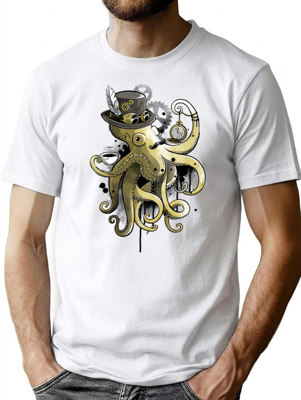 Steampunk Octopus Gold Watercolor T-Shirt for Men & Women, T-Shirts Graphic Tee - White