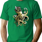 Steampunk Octopus Gold Watercolor T-Shirt for Men & Women, T-Shirts Graphic Tee - Green