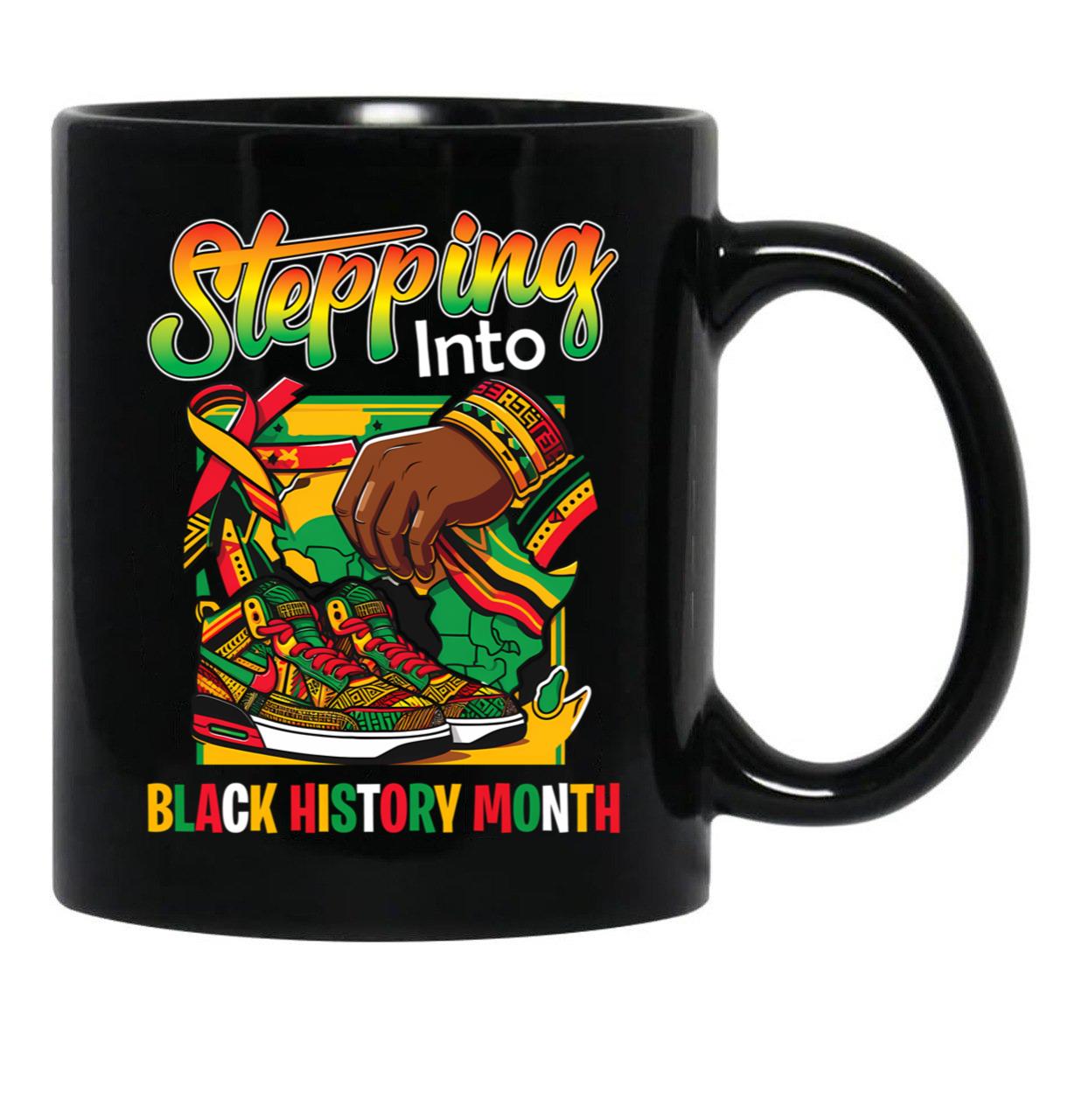 Stepping Into Black History Month Black Girls Afro American Sneakers Black Coffee Mug - Black
