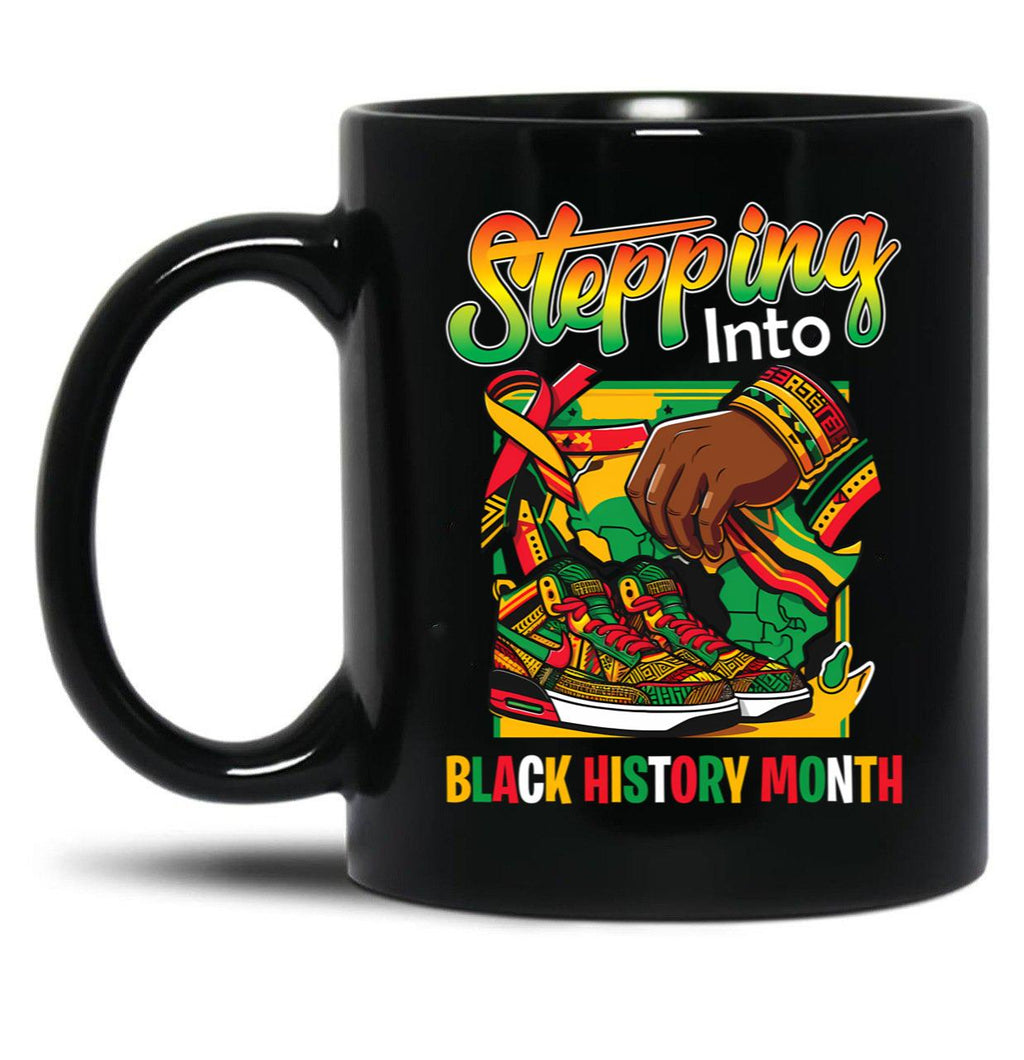 Stepping Into Black History Month Black Girls Afro American Sneakers Black Coffee Mug