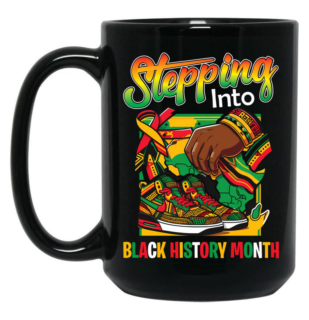 Stepping Into Black History Month Black Girls Afro American Sneakers Black Coffee Mug