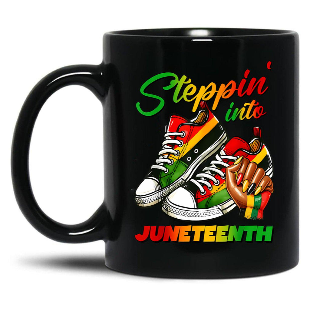 Stepping Into Juneteenth Mug For Afro Woman Black Girls Sneakers Gift Black Coffee Mug