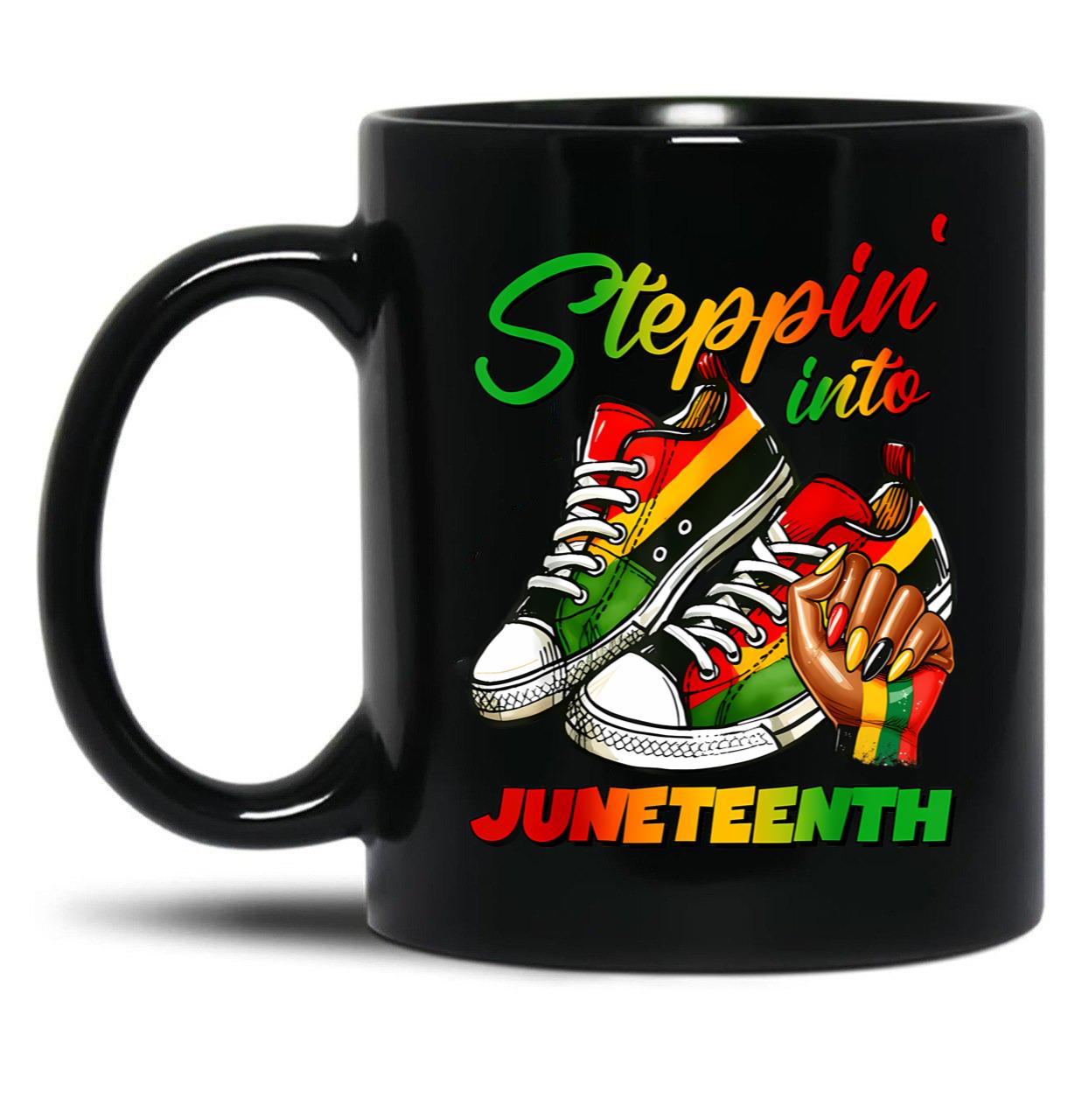 Stepping Into Juneteenth Mug For Afro Woman Black Girls Sneakers Gift Black Coffee Mug