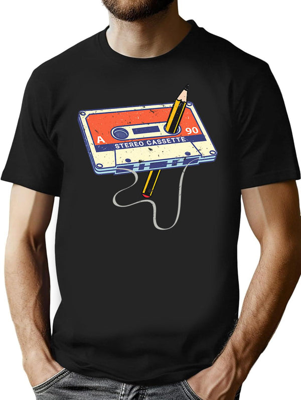 Tape Cassette And A Pencil 70'S 80'S And 90'S Vintage T-Shirt for Men & Women, T-Shirts Graphic Tee - Black