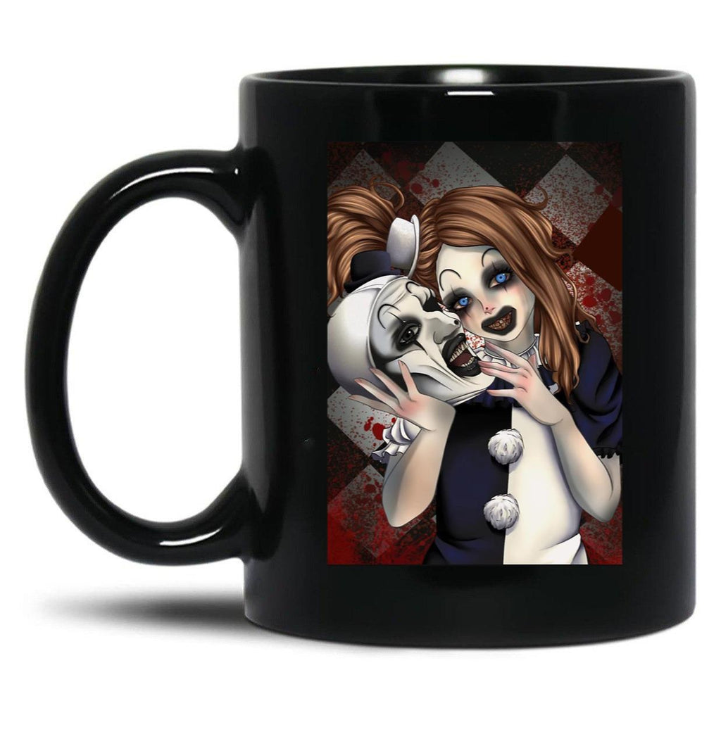 Terrifier 2- The Little Pale Girl and Art The Clown Black Coffee Mug, Gift Coffee Mug