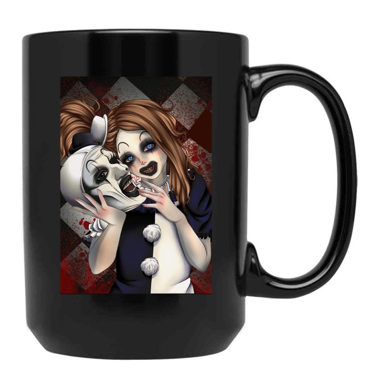 Terrifier 2- The Little Pale Girl and Art The Clown Black Coffee Mug, Gift Coffee Mug