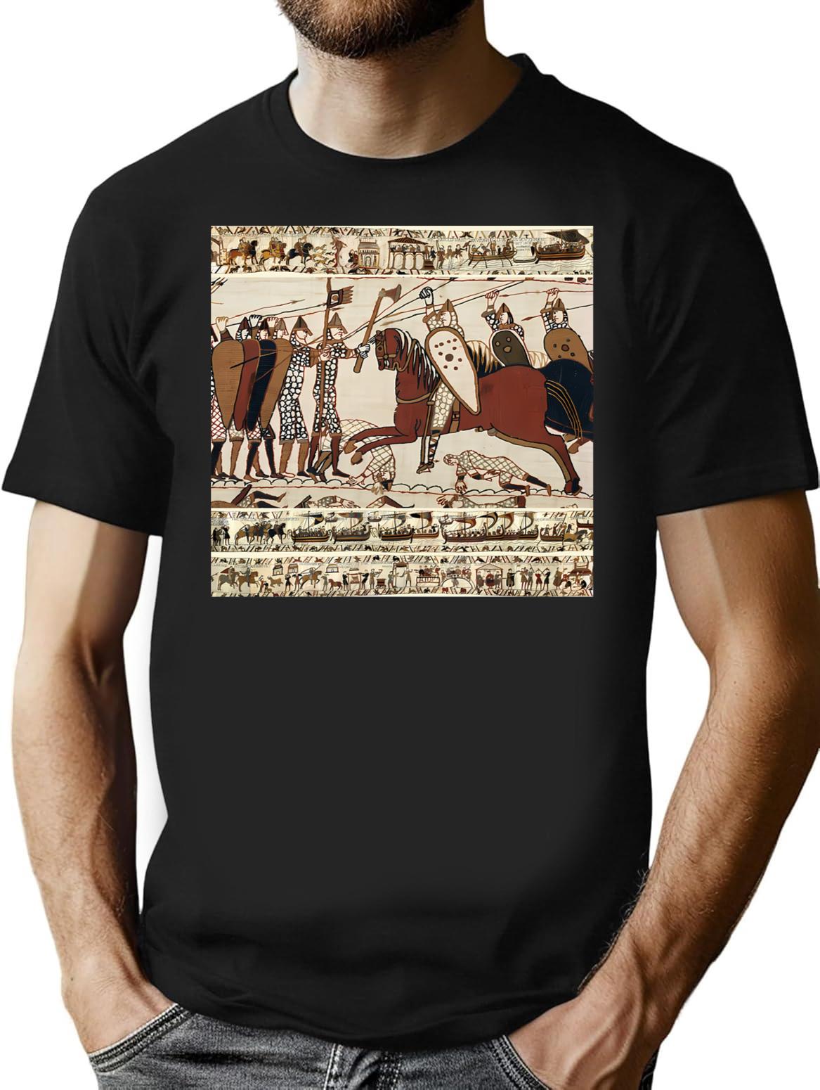 The Bayeux Tapestry Battle Of Hastings Norman Knights Combatting Horseback T-Shirt for Men & Women, T-Shirts Graphic Tee - Black