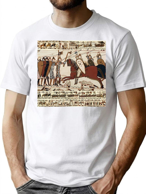 The Bayeux Tapestry Battle Of Hastings Norman Knights Combatting Horseback T-Shirt for Men & Women, T-Shirts Graphic Tee - White