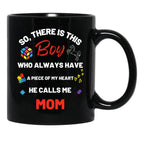 There'S This Boy Who Has A Piece Of My Heart He Calls Me Mom Autism Awarenesss Black Gift Coffee Mug - Black