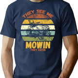 They See Me Mowin They Hatin - Funny Lawnmower Vintage Sunset T-Shirt for Men & Women, T-Shirts Graphic Tee - Navy