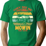 They See Me Mowin They Hatin - Funny Lawnmower Vintage Sunset T-Shirt for Men & Women, T-Shirts Graphic Tee - Green
