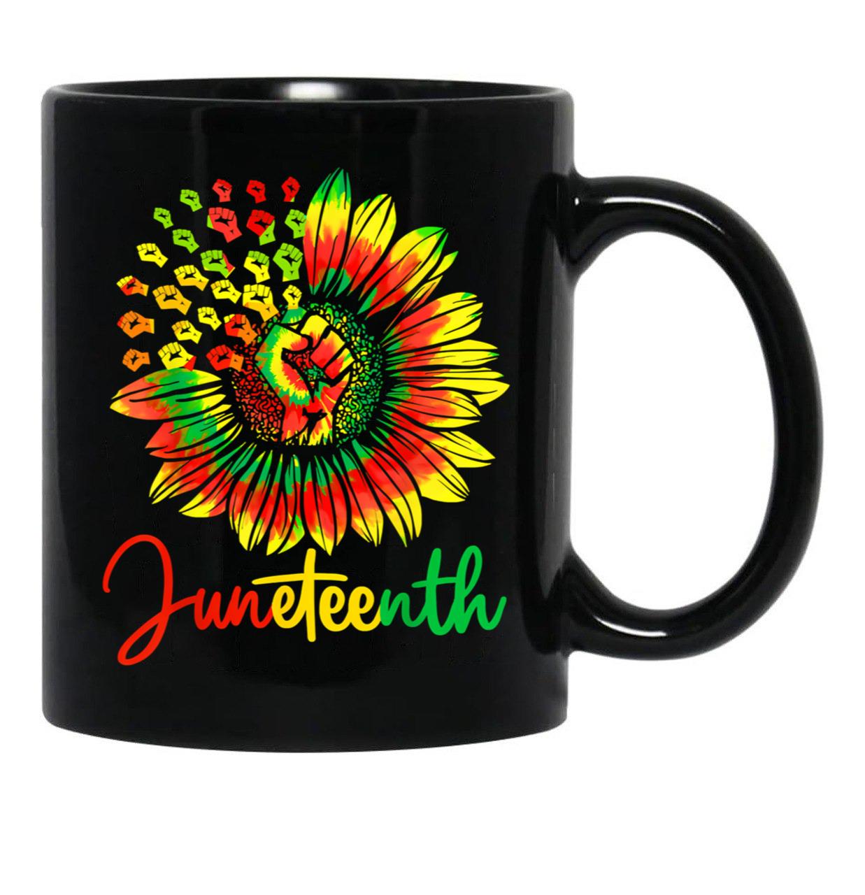 Tie Dye Sunflower Power Fist Melanin African Juneteenth 1865 Black Coffee Mug - Black