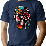 Traditional Gypsy Tattoo Piece T-Shirt for Men & Women, T-Shirts Graphic Tee - Navy