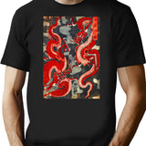 Two Dragons Japanese Woodcut In Red Black White T-Shirt for Men & Women, T-Shirts Graphic Tee - Black