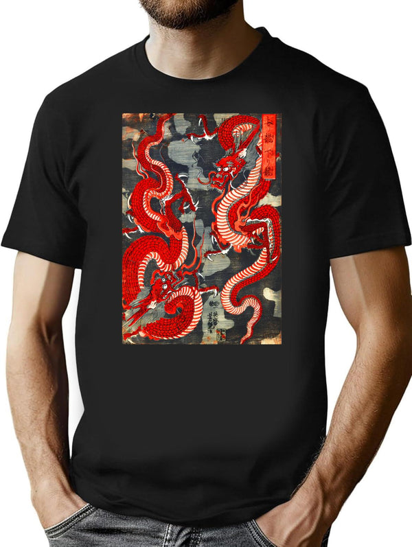 Two Dragons Japanese Woodcut In Red Black White T-Shirt for Men & Women, T-Shirts Graphic Tee - Black