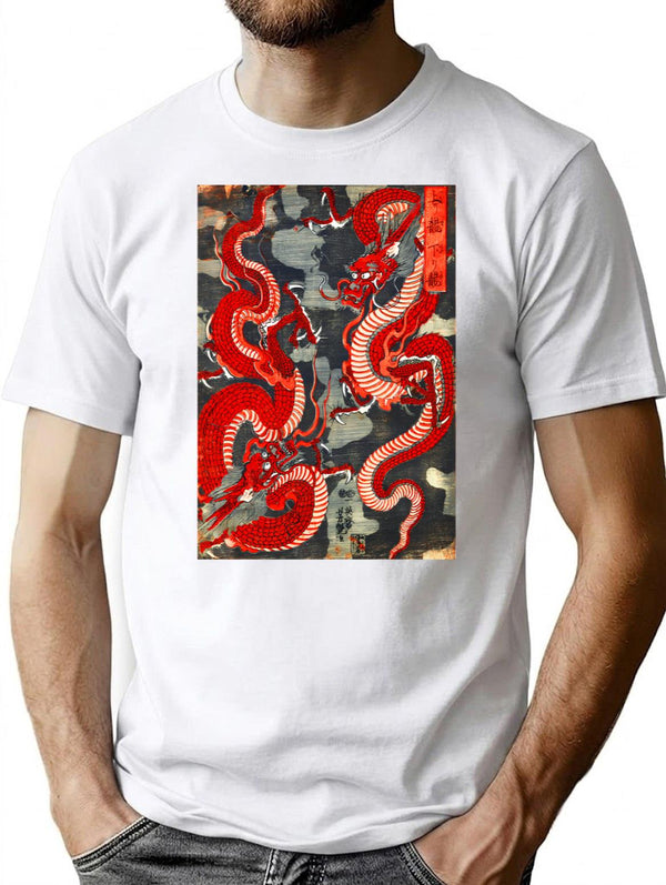 Two Dragons Japanese Woodcut In Red Black White T-Shirt for Men & Women, T-Shirts Graphic Tee - White