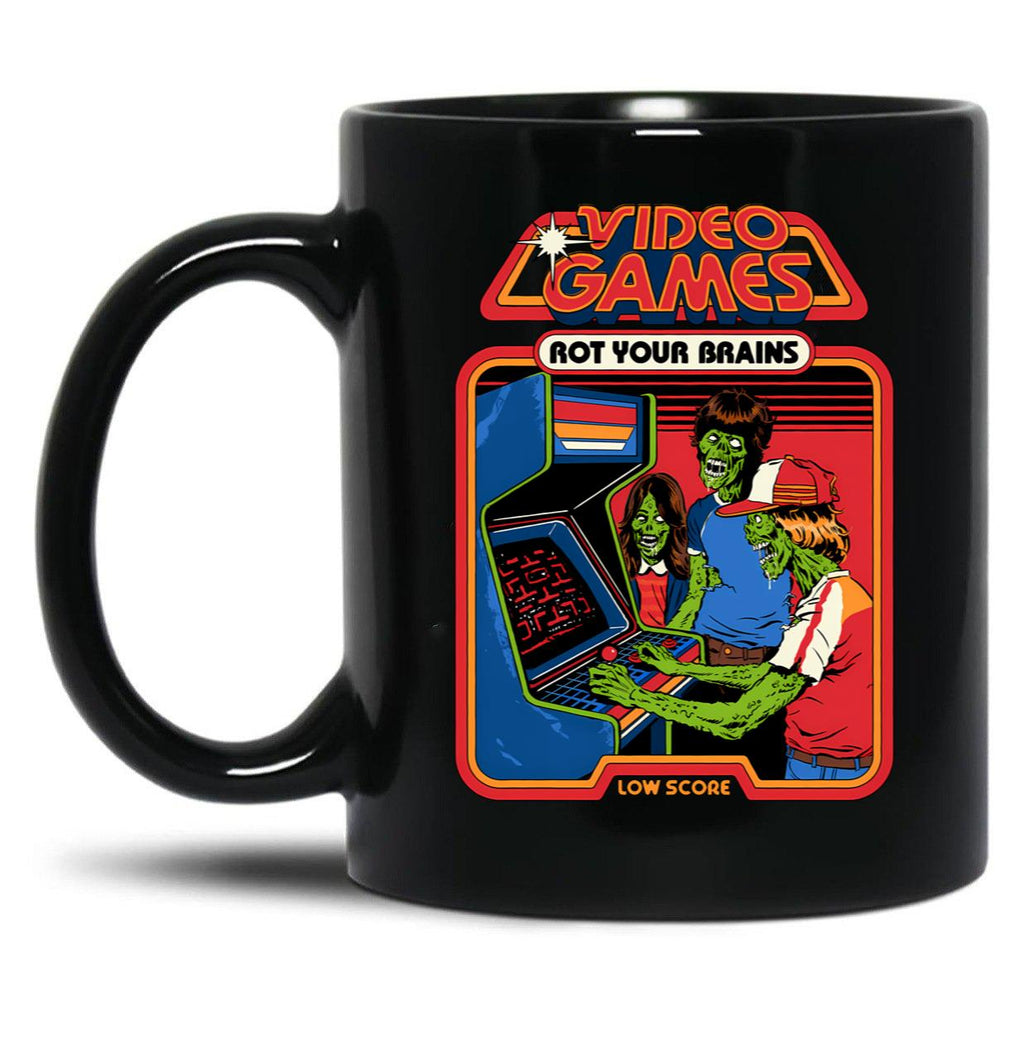 Video Games Rot Your Brains Black Coffee Mug, Gift Coffee Mug