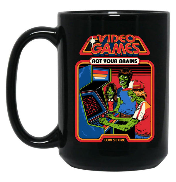 Video Games Rot Your Brains Black Coffee Mug, Gift Coffee Mug - Black