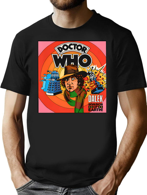Vintage Dr. Who Vs Daleks (Tom Baker) T-Shirt for Men & Women, T-Shirts Graphic Tee - Black
