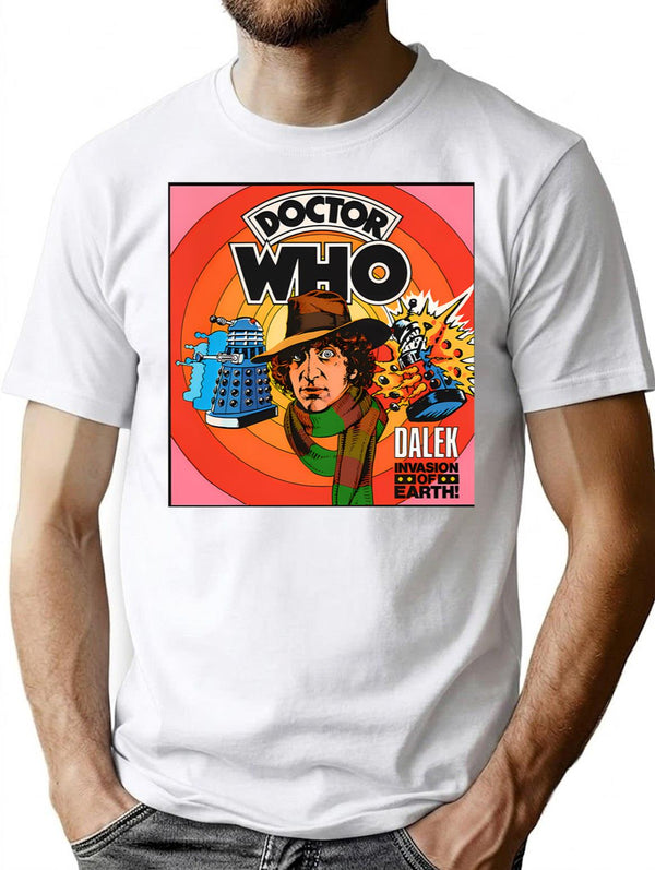 Vintage Dr. Who Vs Daleks (Tom Baker) T-Shirt for Men & Women, T-Shirts Graphic Tee - White