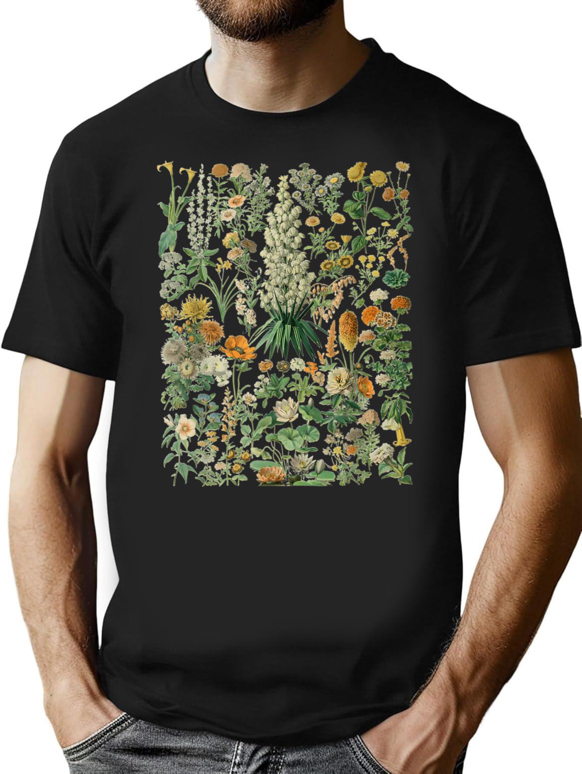 Vintage Inspired Flower Botanical Chart T-Shirt for Men & Women, T-Shirts Graphic Tee - Black