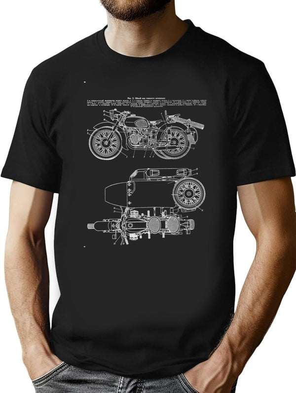 Vintage Kmz Dnepr-12 Motorcycle Diagram (White - Black Background) T-Shirt for Men & Women, T-Shirts Graphic Tee - Black