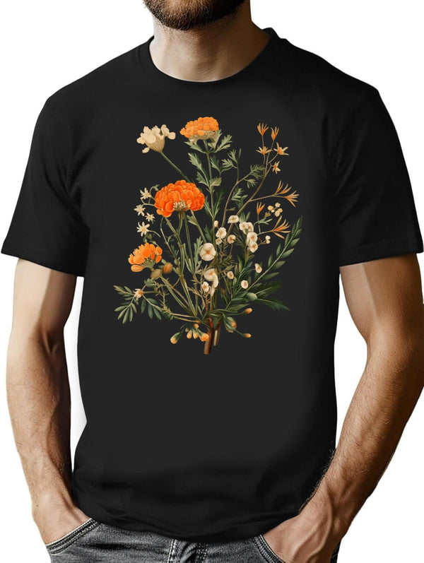 Vintage Orange Wildflowers T-Shirt for Men & Women, T-Shirts Graphic Tee - Black