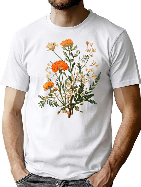 Vintage Orange Wildflowers T-Shirt for Men & Women, T-Shirts Graphic Tee - White