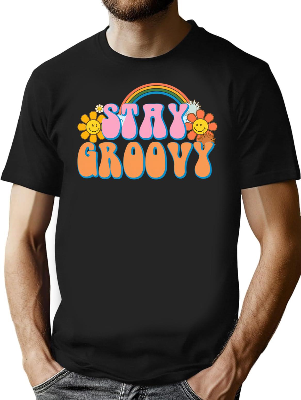 Vintage Stay Groovy Retro Hippie Funny T-Shirt for Men & Women, T-Shirts Graphic Tee - Black