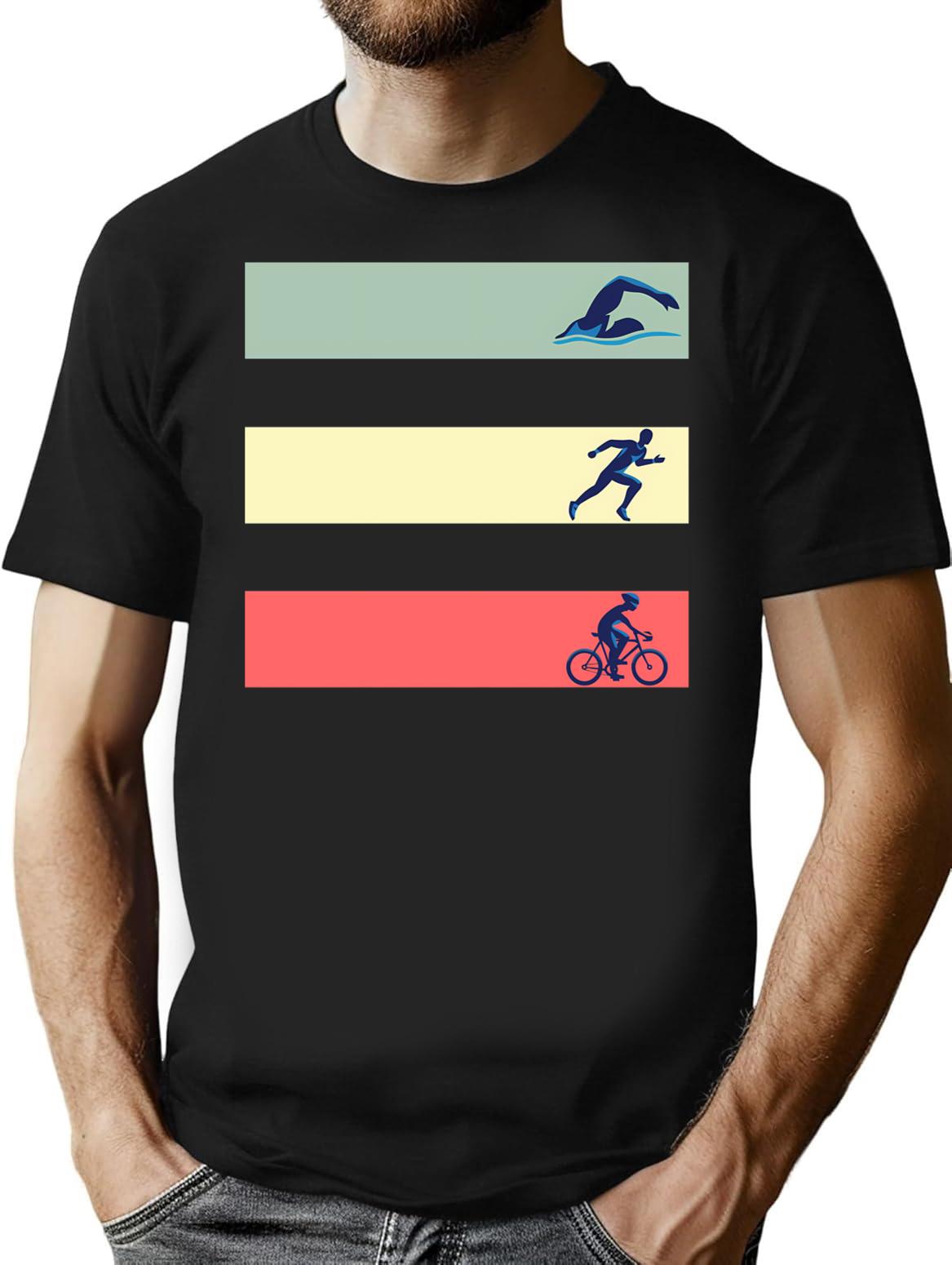 Vintage Swim Bike Run Triathlon T-Shirt Tee Gift T-Shirt for Men & Women, T-Shirts Graphic Tee - Black