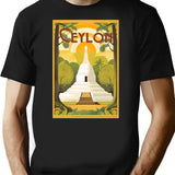 Vintage Travel Art Print Ancient White Buddhist Stupa Ceylon T-Shirt for Men & Women, T-Shirts Graphic Tee - Black