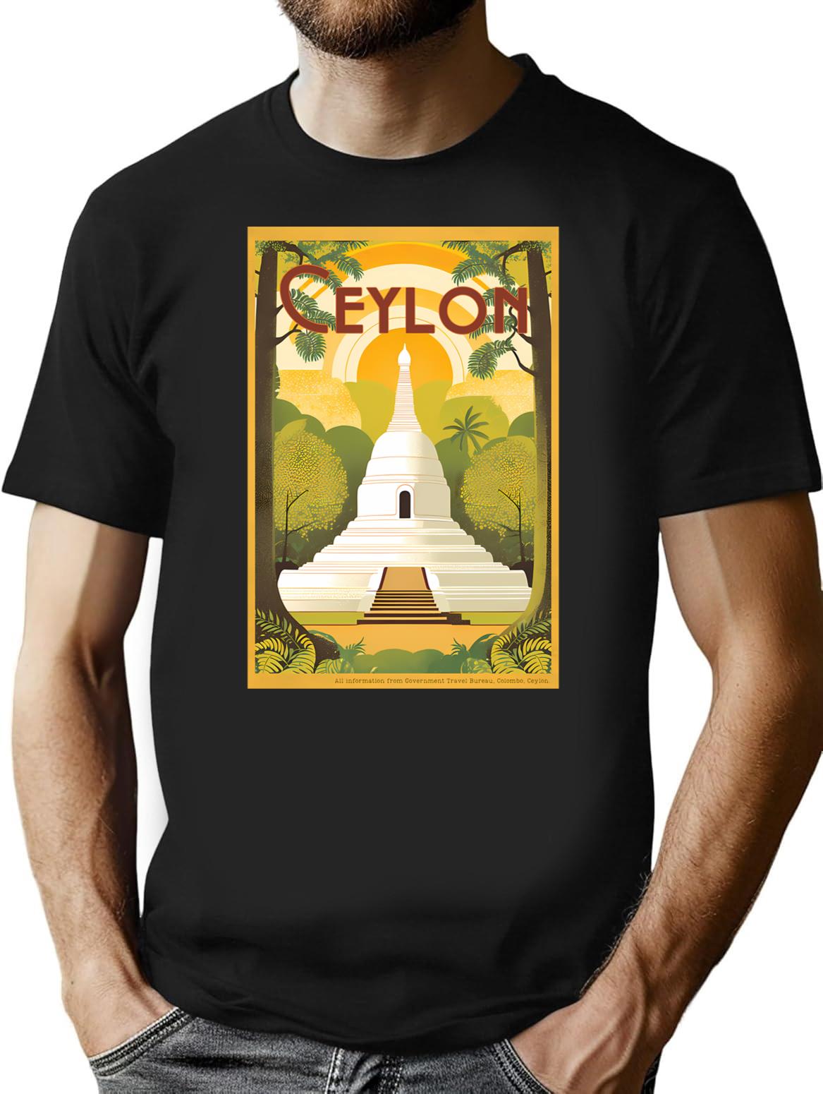 Vintage Travel Art Print Ancient White Buddhist Stupa Ceylon T-Shirt for Men & Women, T-Shirts Graphic Tee - Black