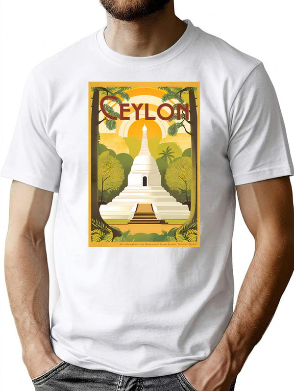 Vintage Travel Art Print Ancient White Buddhist Stupa Ceylon T-Shirt for Men & Women, T-Shirts Graphic Tee - White