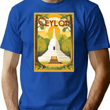 Vintage Travel Art Print Ancient White Buddhist Stupa Ceylon T-Shirt for Men & Women, T-Shirts Graphic Tee - Blue
