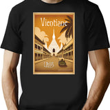 Vintage Travel Art Print Vientiane Laos Streetscape And Buddhist Temple T-Shirt for Men & Women, T-Shirts Graphic Tee - Black