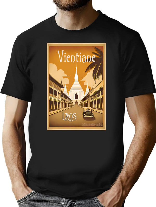 Vintage Travel Art Print Vientiane Laos Streetscape And Buddhist Temple T-Shirt for Men & Women, T-Shirts Graphic Tee - Black
