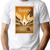 Vintage Travel Art Print Vientiane Laos Streetscape And Buddhist Temple T-Shirt for Men & Women, T-Shirts Graphic Tee - White