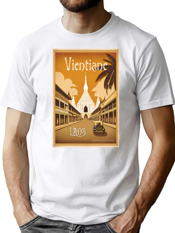 Vintage Travel Art Print Vientiane Laos Streetscape And Buddhist Temple T-Shirt for Men & Women, T-Shirts Graphic Tee - White