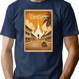 Vintage Travel Art Print Vientiane Laos Streetscape And Buddhist Temple T-Shirt for Men & Women, T-Shirts Graphic Tee - Navy